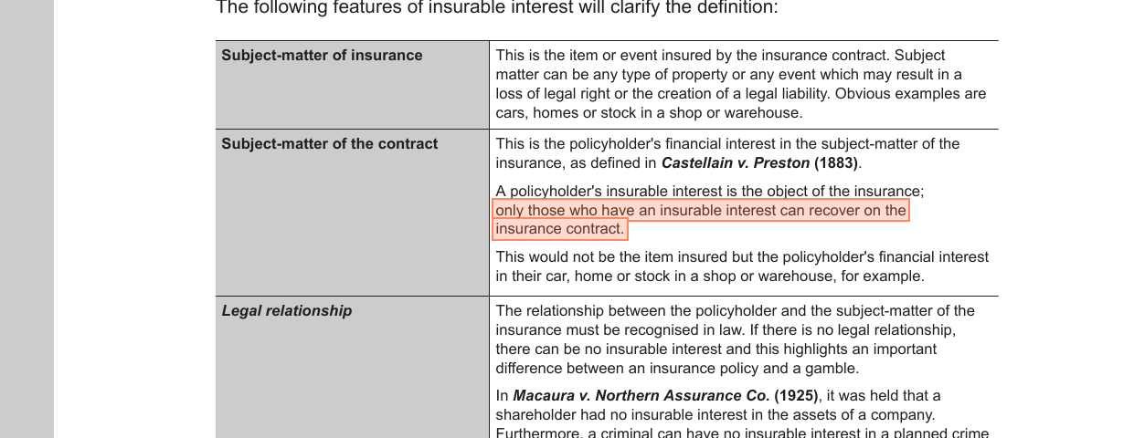 Insurable interest - who can hold the policy - W01 page 84